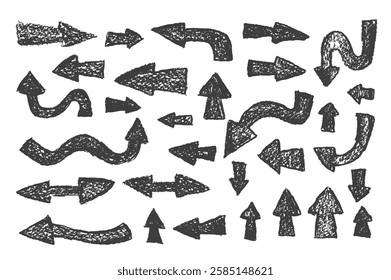 Arrow set pencil drawing. Textured effect direction pointers. Black navigation. Path marks isolated on white background. Vector hand drawn illustration.
