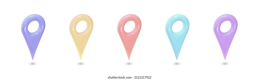 Juego de flechas , pin realista 3d . Plantilla de símbolo de ubicación de diseño artístico. Resumen del concepto de elemento de navegación.Ilustración vectorial.
