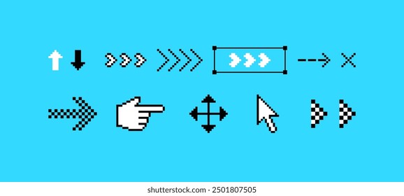 Arrow set in pixel art. Pointing hand click icon. Cursor icon click. Pixels elements set in the mood of 90's aesthetics. Clicking cursor. Y2k trendy stickers. 8 bit retro style vector illustration