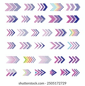 Conjunto de flechas Ilustración vectorial de color arco iris. Símbolo de flecha colección punto a la derecha aislado sobre fondo blanco.