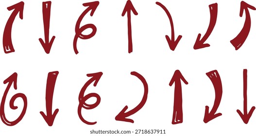 Arrow set showing hand drawn curved piral  up arrow down left arrow right arrow directions
