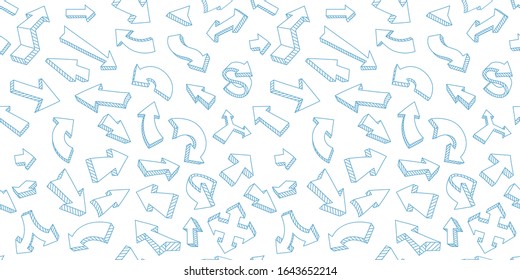Arrow set sketch. Blue seamless pattern background. Arrows hand draw line. Vector outline contour.