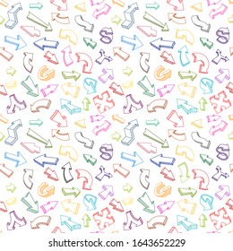 Dibujo de conjunto de flechas, multicolores y sin fisuras. Kit de colección de conjuntos de flechas. Fondo de color de línea de dibujo manual. Contorno de contorno del vector.