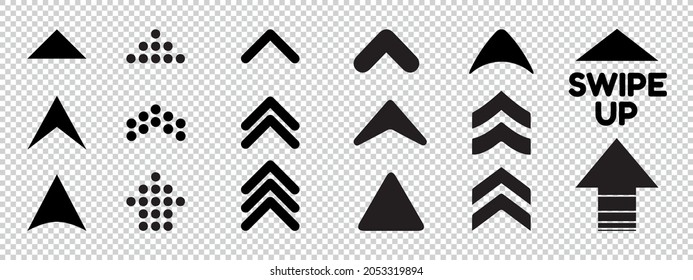 Arrow Set Swipe Up - Different Flat Black Vector Illustrations - Isolated On Transparent Background