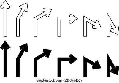 Arrow set that bends every 30 degrees (thick black line and outline)