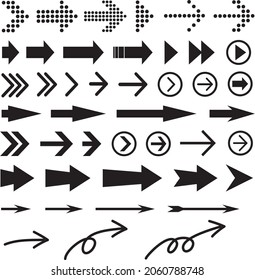 Bogenset-Vektorgrafik in schwarzer Farbe einzeln auf weißem Hintergrund. Pfeilsymbole in verschiedenen Typen für verschiedene Zwecke. Pfeilzeichen, Symbole, Clipkunst. 