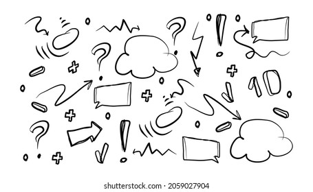 Arrow. Set of vector elements. Black and white graphics. Arrows circles and abstract doodles.