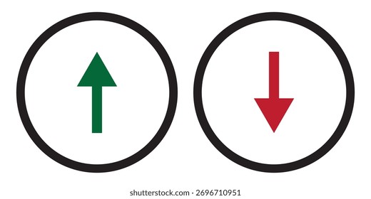 Ilustración vectorial de conjunto de flechas. Flecha roja y verde dentro de un borde redondo negro.