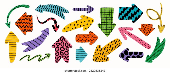 Colección de forma de flecha con diseño de trazo de pincel. Abstractas flechas dibujadas a mano en un patrón de Vector colorido, perfecto para resaltar Elementos, decoración juguetona, conjuntos de iconos modernos y gráficos creativos