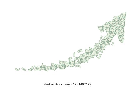 Arrow shape consisting of paper money banknotes. The growth of the cost rate up. The key to success in life