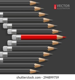 Arrow shape of dark grey pencils with one outstanding red pencil metaphor on black background. RGB EPS 10 vector illustration