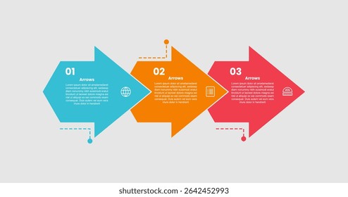 arrow shape infographic diagram with big arrow box container on horizontal direction with dotted line with 3 step for slide presentation vector