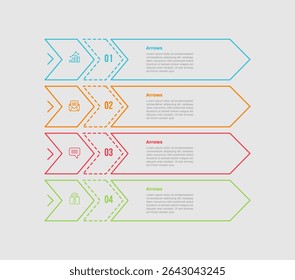 Diagrama de infografía de forma de flecha con combinación de flecha grande Listas apiladas Contenedor de rectángulo con 4 pasos para Vector de presentación de diapositivas