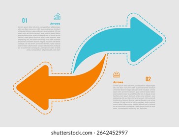 Diagrama de infografía de forma de flecha con flecha creativa en dirección opuesta con línea de puntos con 2 pasos para el Vector de presentación de diapositivas