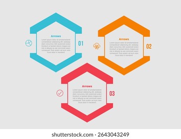 diagramme infographique en forme de flèche avec hexagone créatif épais vers le haut et vers le bas avec 3 étapes pour l'Image vectorielle de présentation de diapositives