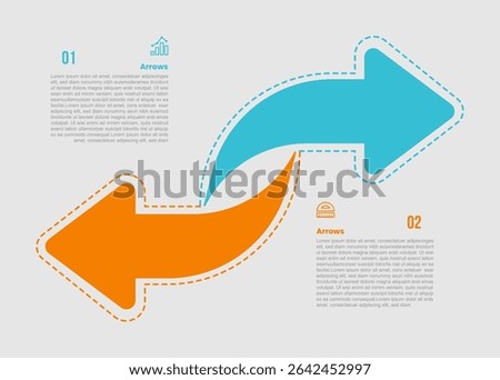 arrow shape infographic diagram with creative arrow opposite direction with dotted line with 2 step for slide presentation vector