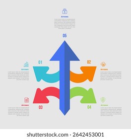 forma de seta infográfico diagrama com linha de seta curva espalhando toda a direção com 5 etapa para apresentação de slide vetor