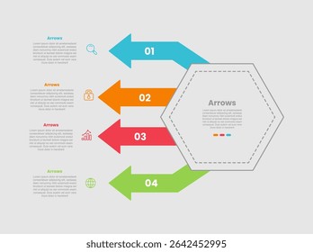 arrow shape infographic diagram with hexagon shape with arrow pointer on stacked list with 4 step for slide presentation vector