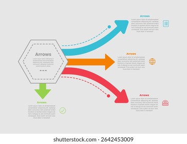 arrow shape infographic diagram with hexagon shape with long fluid arrow spreading with 3 step for slide presentation vector