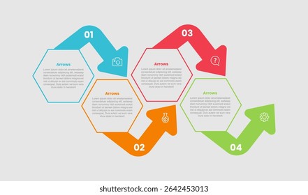 Diagrama de infografía de forma de flecha con forma de caja hexagonal y fluido de flecha hacia arriba y hacia abajo con 4 pasos para el Vector de presentación de diapositivas