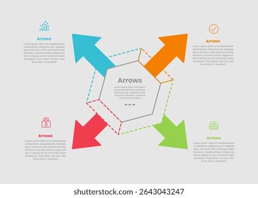forma de seta infográfico diagrama com base hexágono com seta espalhando toda a direção com 4 etapa para apresentação de slide vetor