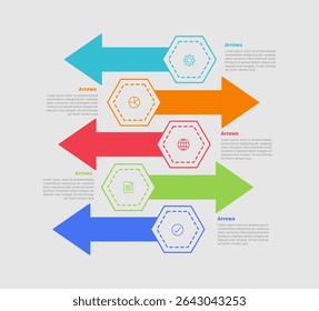 diagrama infográfico de forma de seta com seta em forma de hexágono com direção oposta com 5 etapas para vetor de apresentação de slide