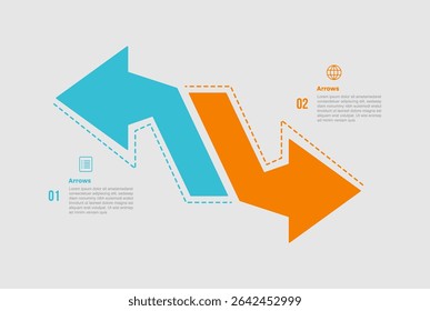 diagrama infográfico de forma de seta com borda afiada com linha pontilhada na direção oposta com 2 passos para o vetor de apresentação de slide