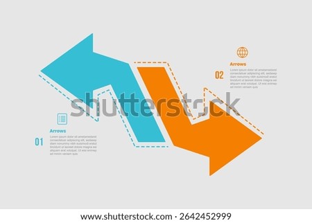 arrow shape infographic diagram with sharp edge with dotted line opposite direction with 2 step for slide presentation vector