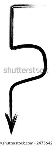 Arrow in the shape of the number 5. Sketch. The black arrow, forming a hook and curving, is directed downwards. Hand drawn sign. Vector illustration. Directional signs made from brush strokes. 