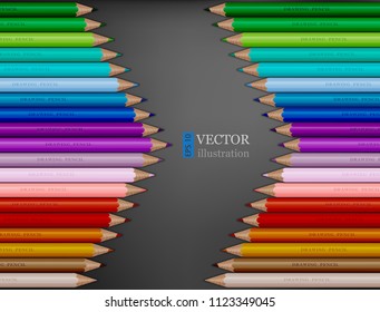 Arrow shape of rainbow colored pencils on dark grey background. EPS 10