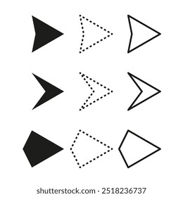 Arrow shape set. Dotted and solid triangles. Geometric vector symbols. Minimalist direction icons.