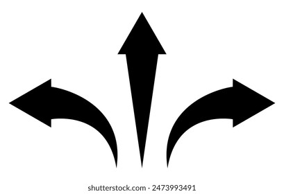 arrow shape symbol set - pointed arrow pointing to the left, right and straight forward, black and white vector silhouette illustration, isolated on white background