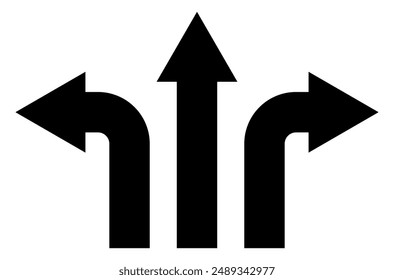 arrow shape symbol set - arrow pointing to the left, right and straight forward, black and white vector silhouette illustration, isolated on white background