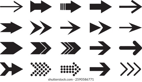 Arrow shape vector icon set, silhouette style white background.