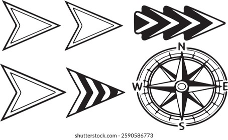 Arrow shape vector icon set, silhouette style white background.