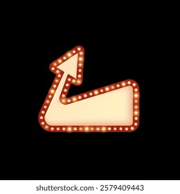 Arrow shaped frame, circus lighting style, vector illustration. Vintage blank billboard or signboard. For casino, theater and cinema. Isolated black background. Space for text.