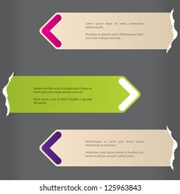 Arrow shaped labels bursting from ripped paper