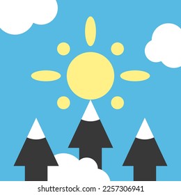 Arrow shaped mountains reaching to sun. Competition, motivation, inspiration, development and challenge concept. Flat design. EPS 8 vector illustration, no transparency, no gradients