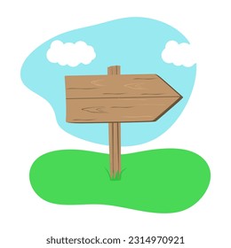 Arrow shaped wooden sign on a grassy road outdoors with Blue sky and clouds in cartoon style. Empty wooden sign in grass isolated on white background. Flat vector illustration