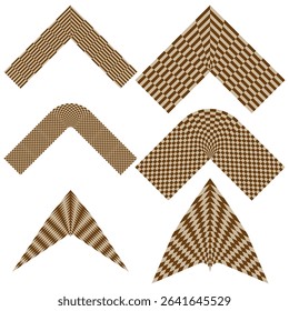 Arrow shapes down. Check mark figures. Brown vector symbols. Geometric pointer elements.