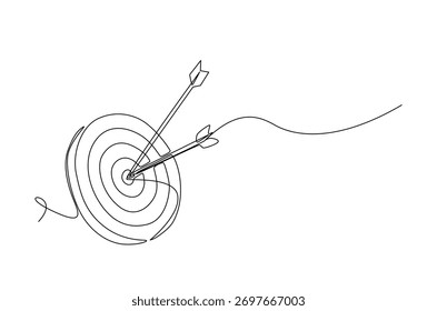 Tiro de seta no alvo em desenho contínuo de uma linha. Ilustração em arte de linha única da seta acertada no alvo. Vetor editável.
