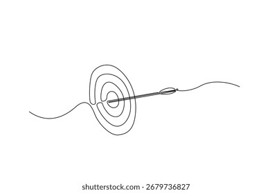 Flecha disparada en el objetivo en un dibujo continuo de una línea. Ilustración de arte de una sola línea de flecha golpeada en el objetivo. Vector editable.