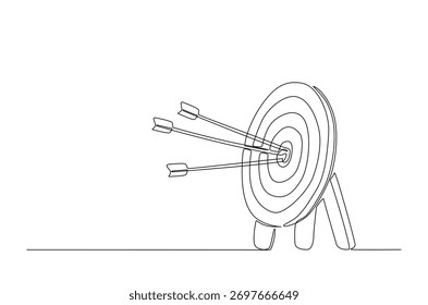 Arrow shoted on the target in continuous one line drawing. Single line art illustration of arrow hit on target. Editable vector.