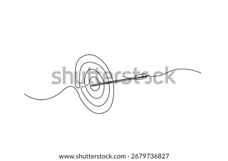 Arrow shoted on the target in continuous one line drawing. Single line art illustration of arrow hit on target. Editable vector.
