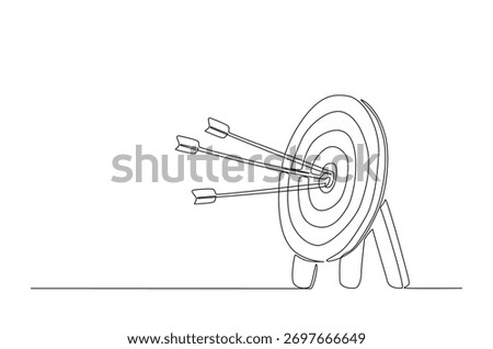 Arrow shoted on the target in continuous one line drawing. Single line art illustration of arrow hit on target. Editable vector.