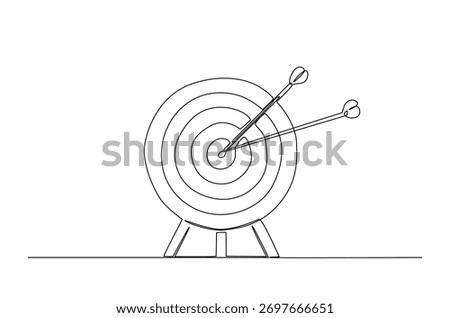 Arrow shoted on the target in continuous one line drawing. Single line art illustration of arrow hit on target. Editable vector.