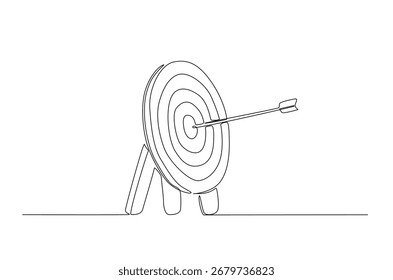 Seta disparada no alvo em um desenho de linha contínuo. Ilustração em arte de linha única da seta acertada no alvo. Vetor editável.