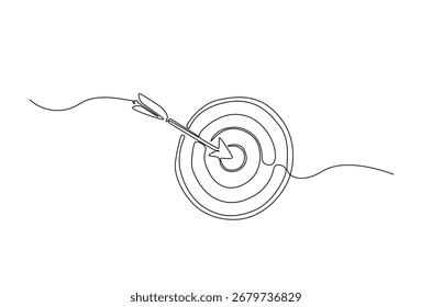 Seta disparada no alvo em um desenho de linha contínuo. Ilustração em arte de linha única da seta acertada no alvo. Vetor editável.