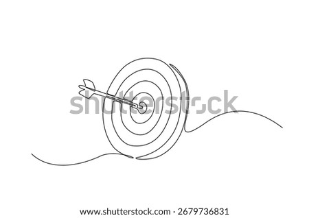 Arrow shotted on the target in continuous one line drawing. Single line art illustration of arrow hit on target. Editable vector.