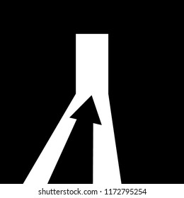 Arrow showing the direction to the open door. Direction to the exit or to the entrance. The way out of the darkness to the light. Vector illustration.